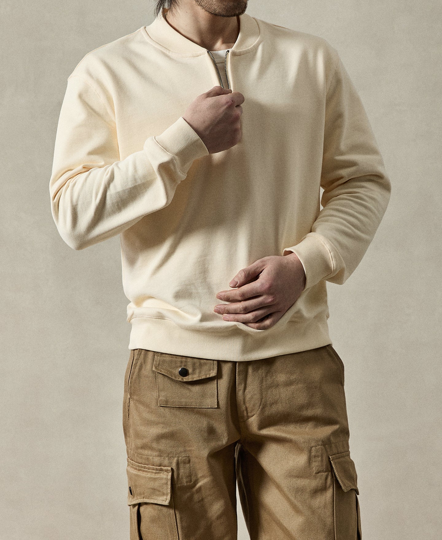 Vintage Baseball Collar Quarter-Zip Sweatshirt - Apricot