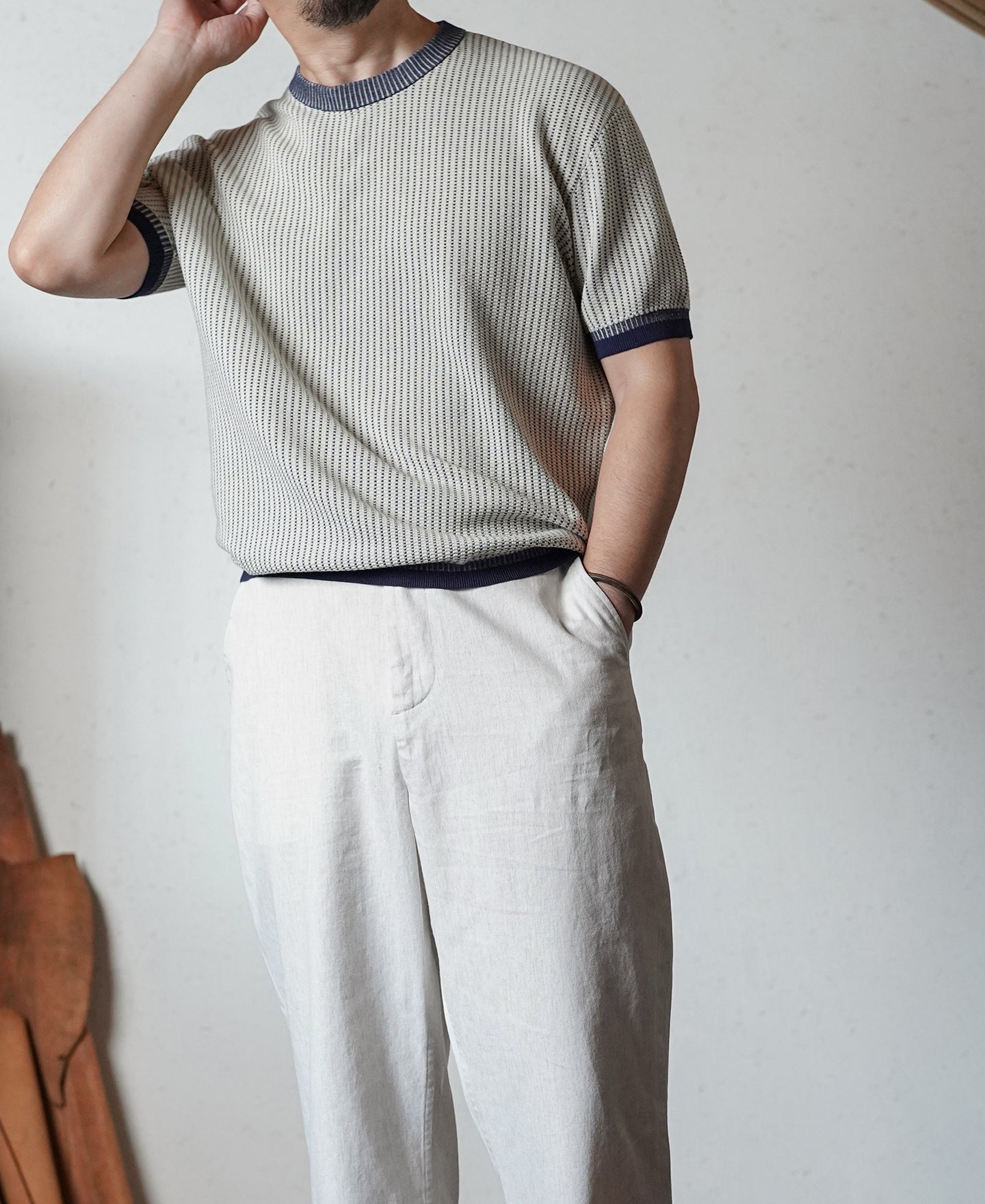 Retro Waffle-Knit Contrast Collar T-Shirt