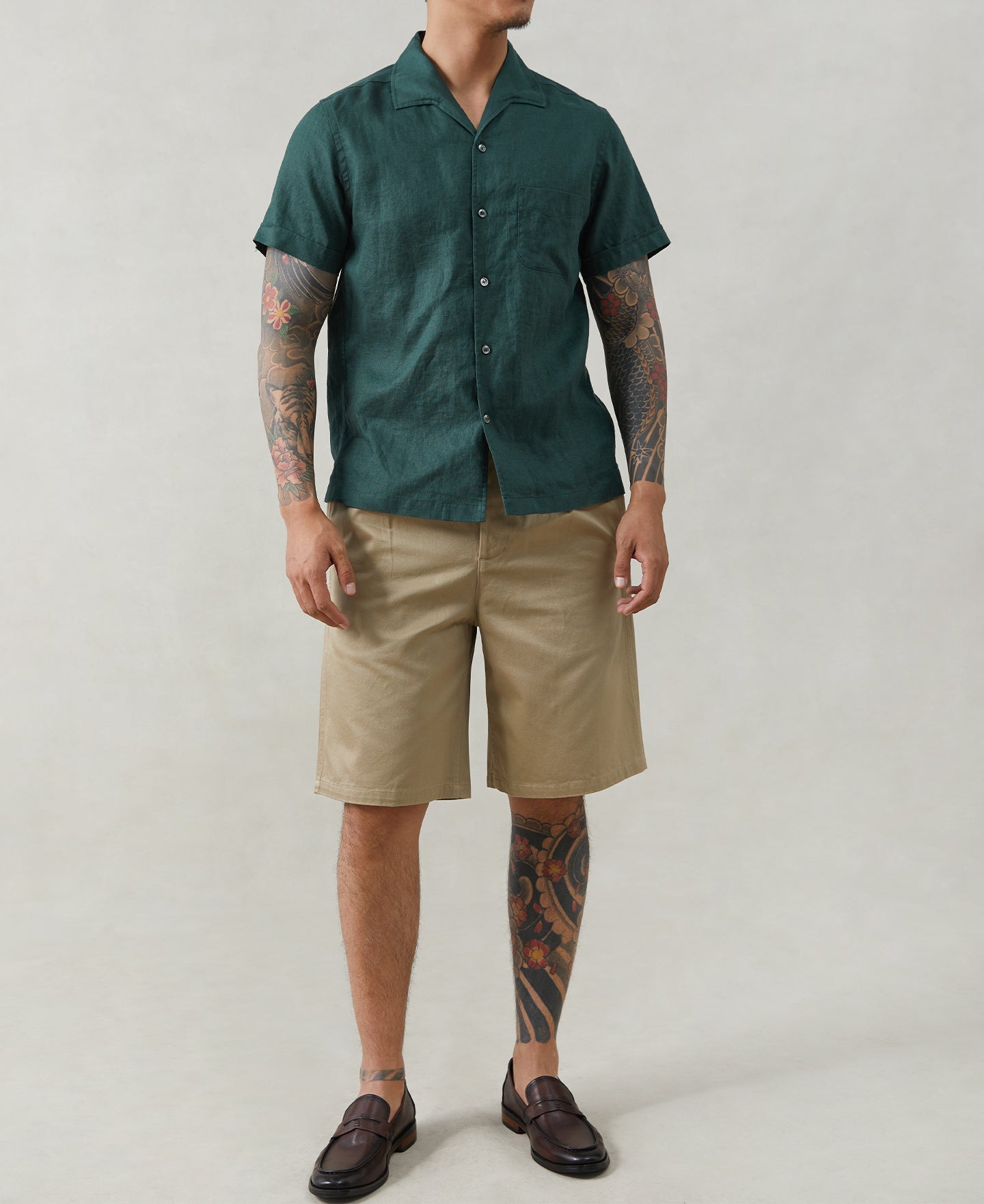 1950s Italian Collar Linen Shirt - Dark Green - Size XS-M