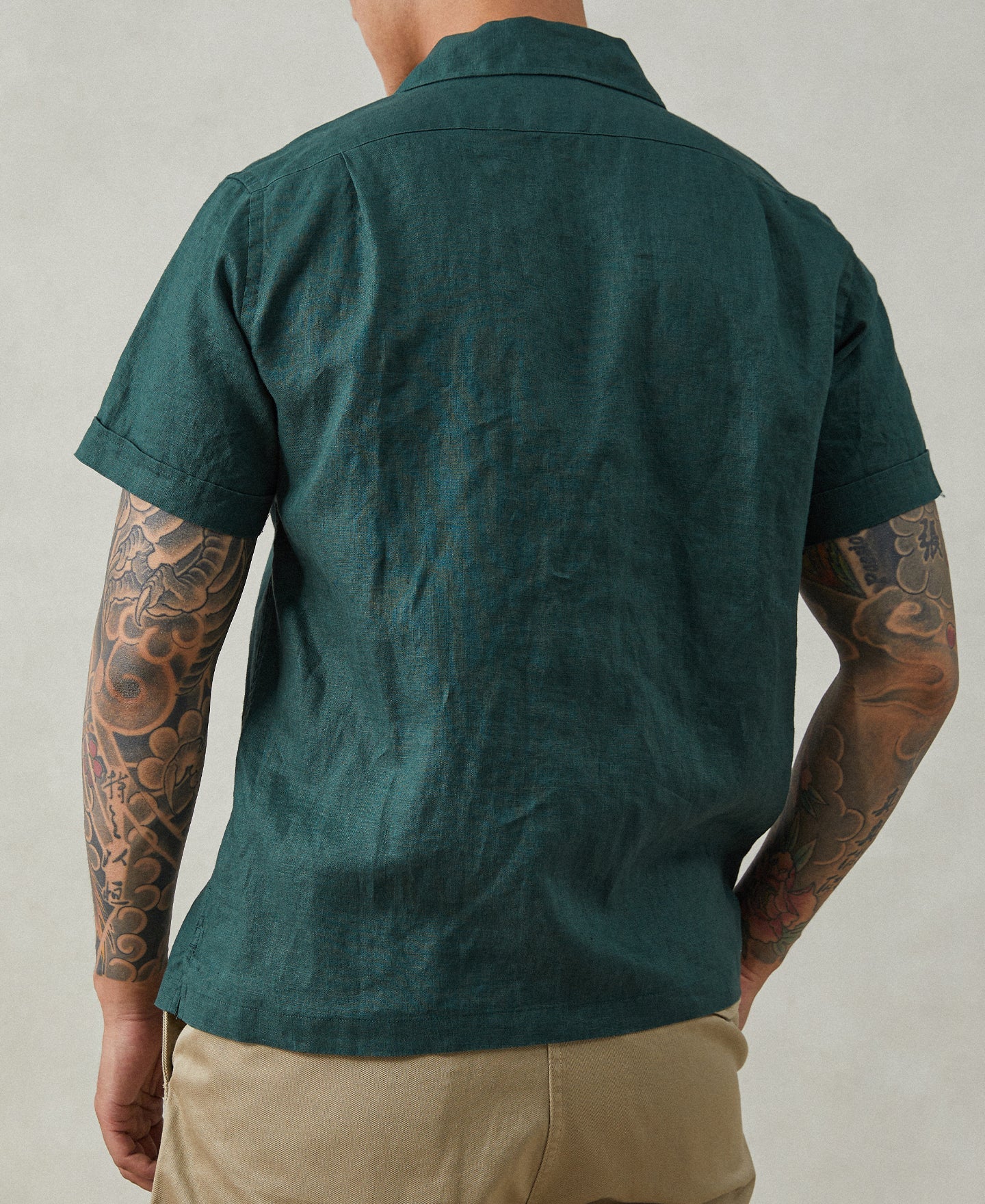 1950s Italian Collar Linen Shirt - Dark Green - Size XS-M