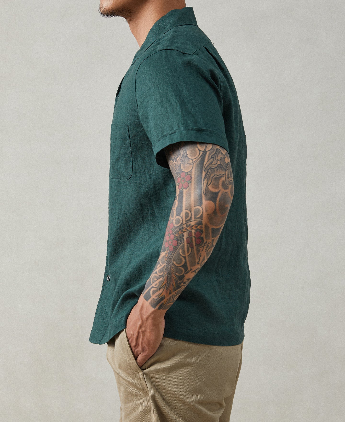 1950s Italian Collar Linen Shirt - Dark Green - Size XS-M