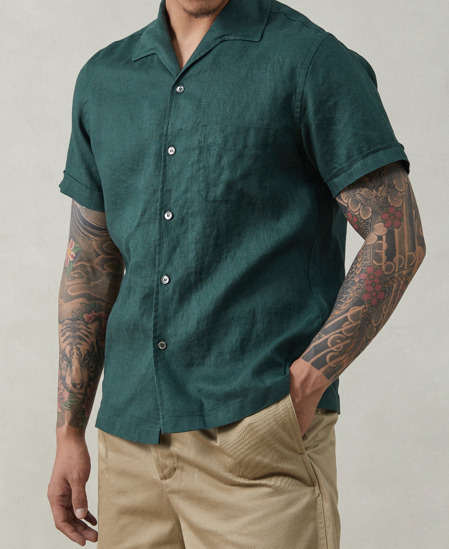 1950s Italian Collar Linen Shirt - Dark Green - Size XS-M