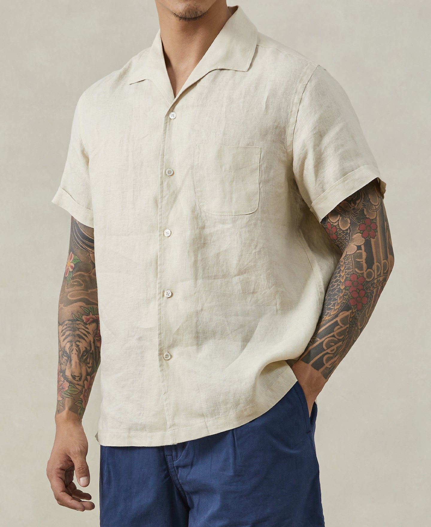 1950s Italian Collar Linen Shirt - Apricot - Size XS-M