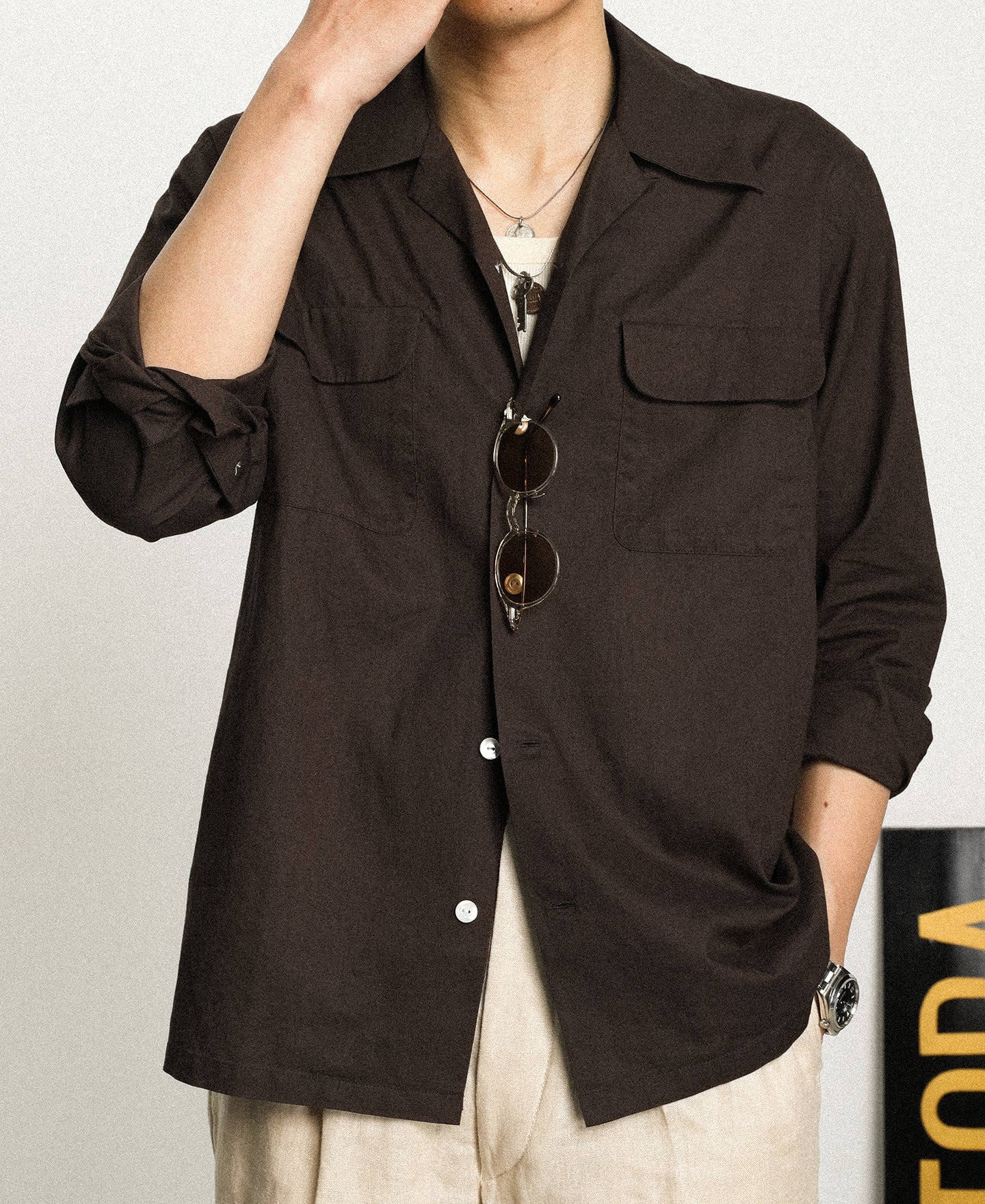 Lot 220L 1940s Linen-Cotton Open Collar Shirt - Dark Brown