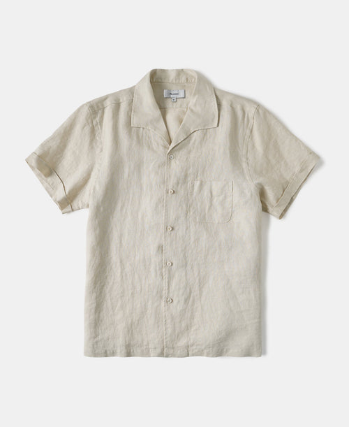 1950s Italian Collar Linen Short Sleeve Shirt - Beige