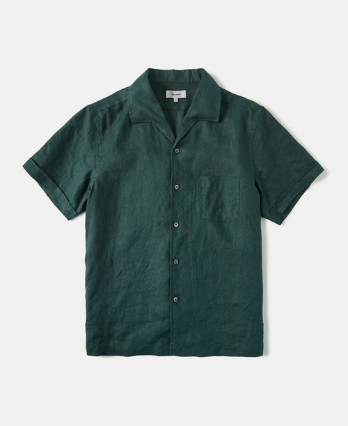 1950s Italian Collar Linen Short Sleeve Shirt - Dark Green