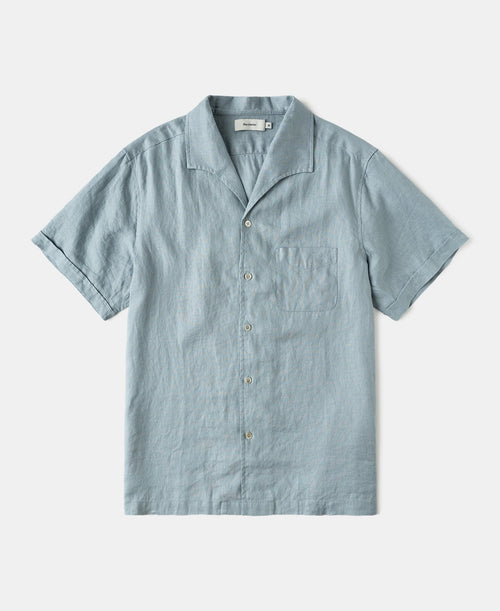 1950s Italian Collar Linen Short Sleeve Shirt - Light Blue