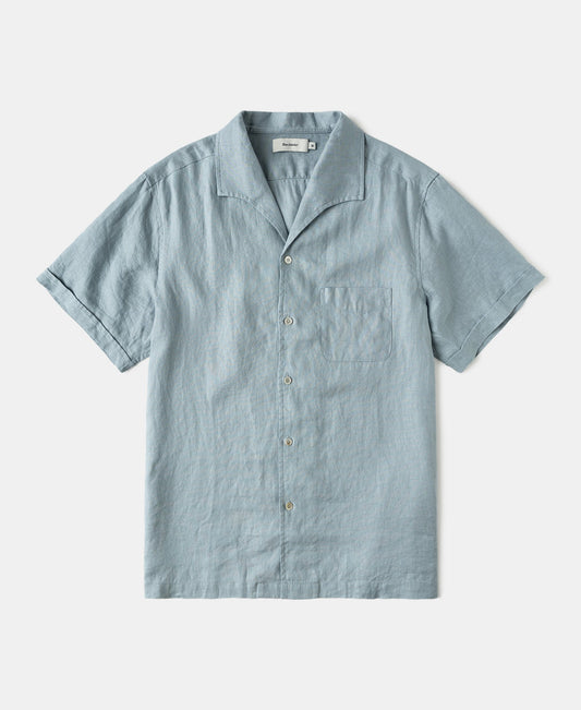 1950s Italian Collar Linen Short Sleeve Shirt - Light Blue