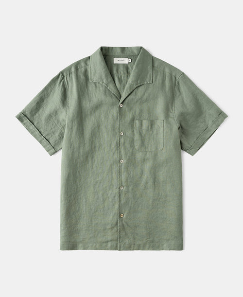 1950s Italian Collar Linen Short Sleeve Shirt - Sage