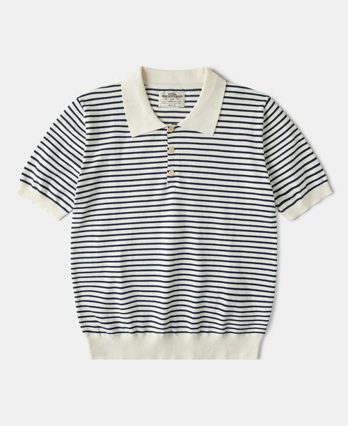 Nautical Fine Stripe Cotton Knit Polo - White Black Stripe