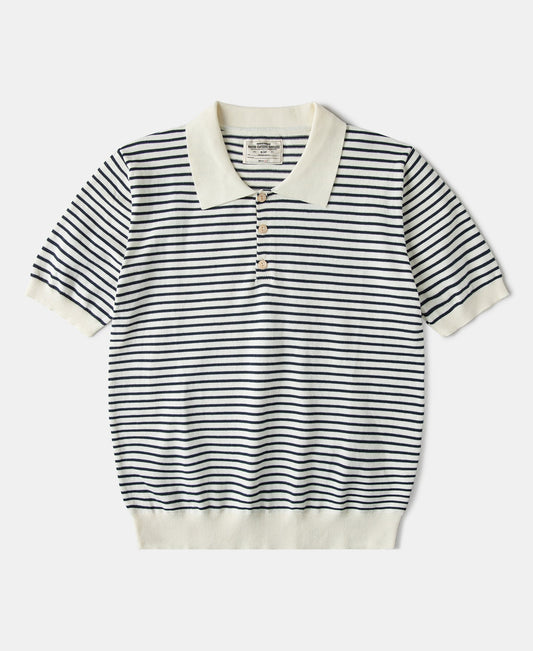 Nautical Fine Stripe Cotton Knit Polo - White Black Stripe