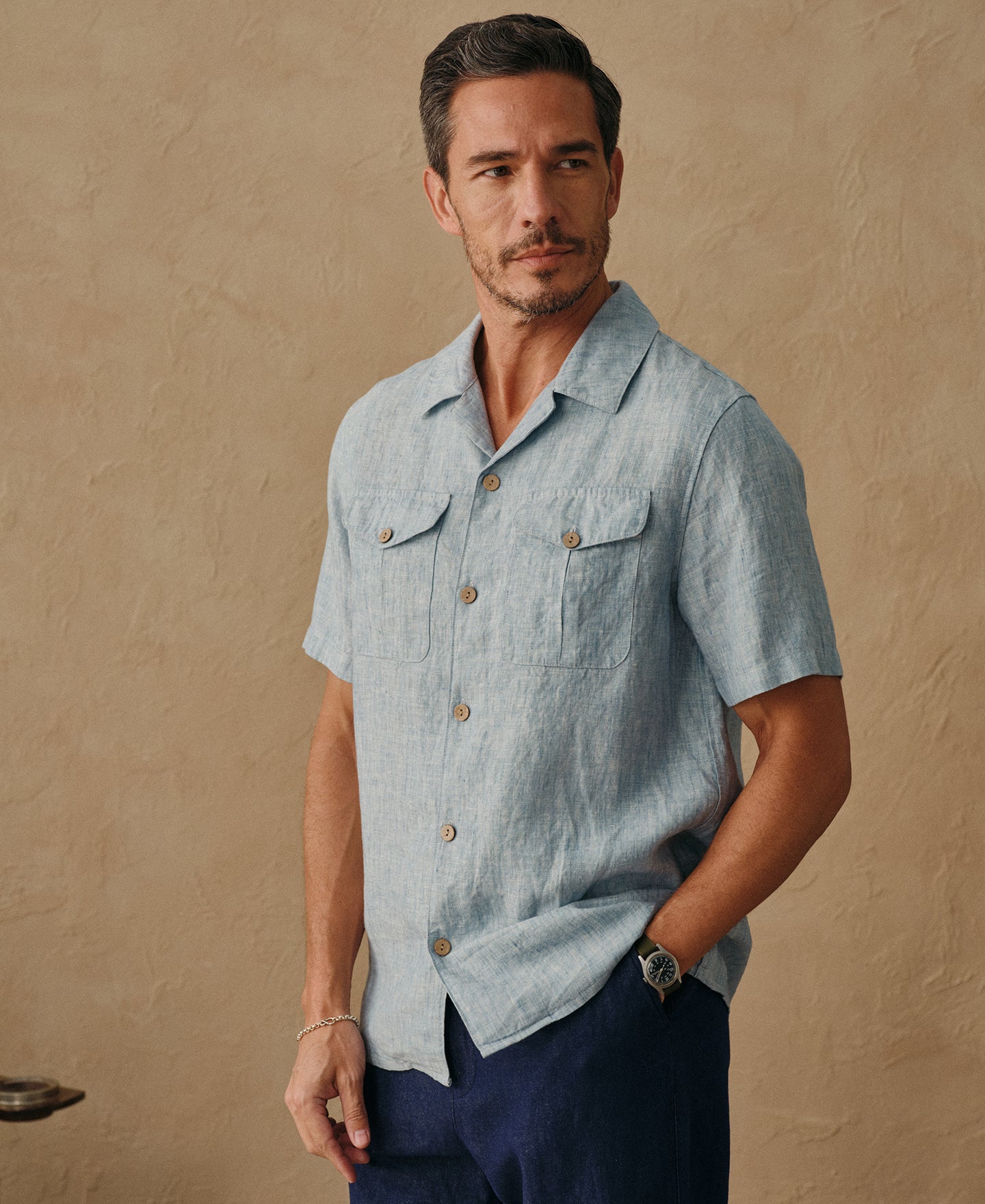 Yarn-dyed Linen Camp-Collar Shirt - Washed Blue
