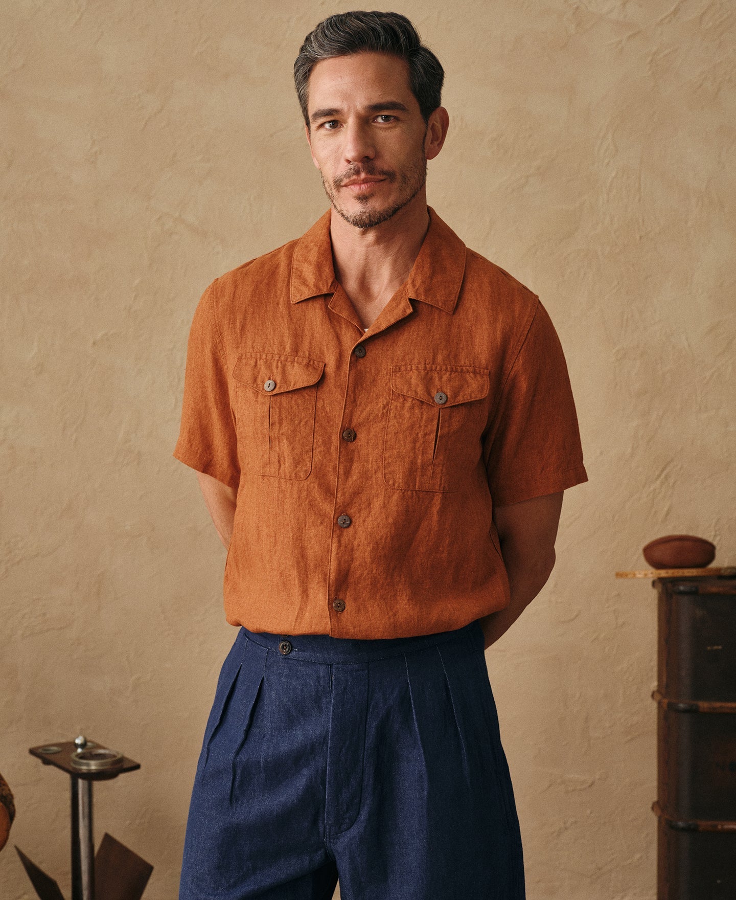 Yarn-dyed Linen Camp-Collar Shirt - Red