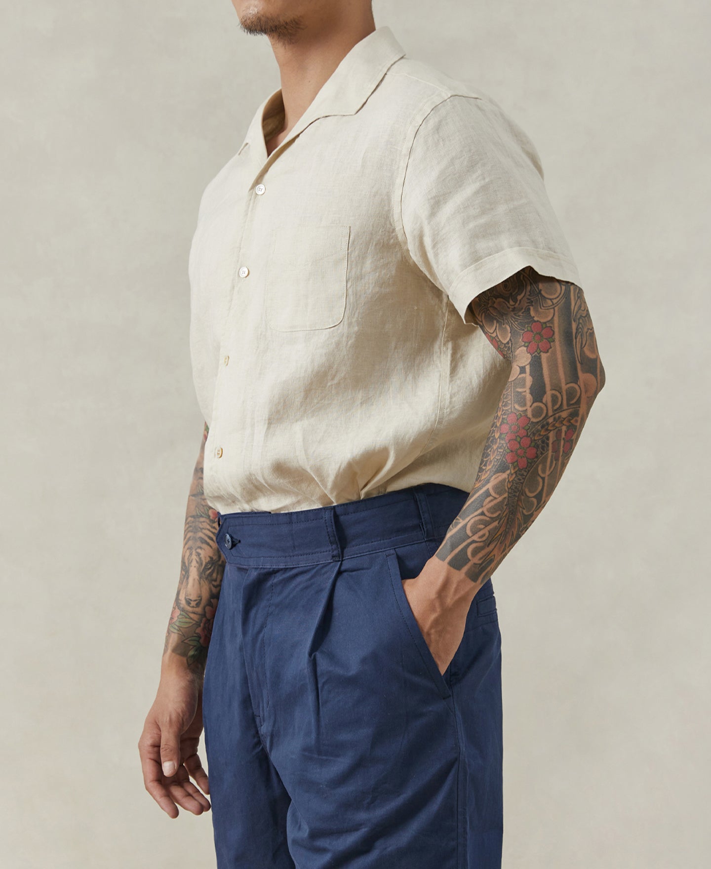 1950s Italian Collar Linen Shirt - Apricot - Size XS-M