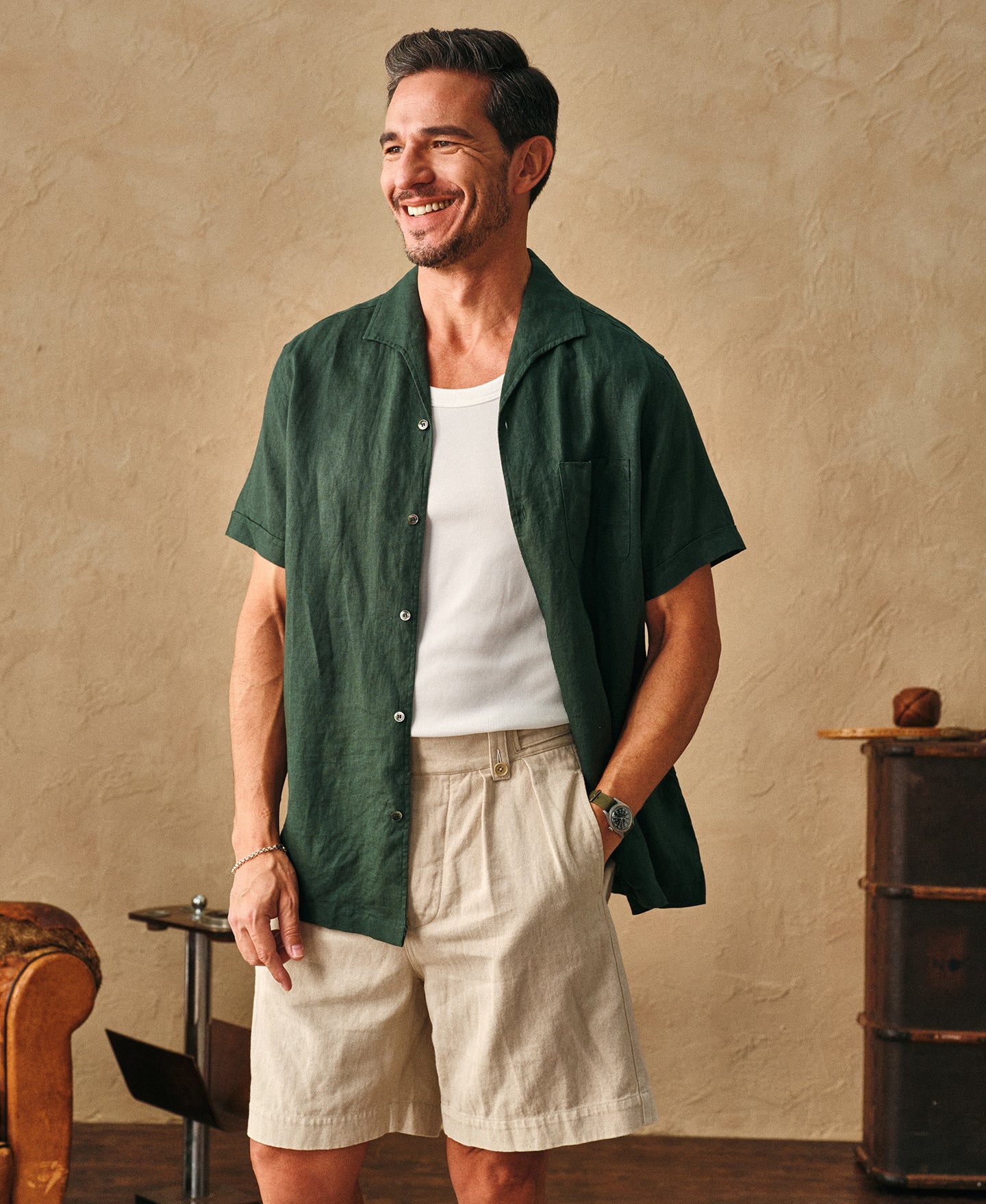 1950s Italian Collar Linen Short Sleeve Shirt - Dark Green