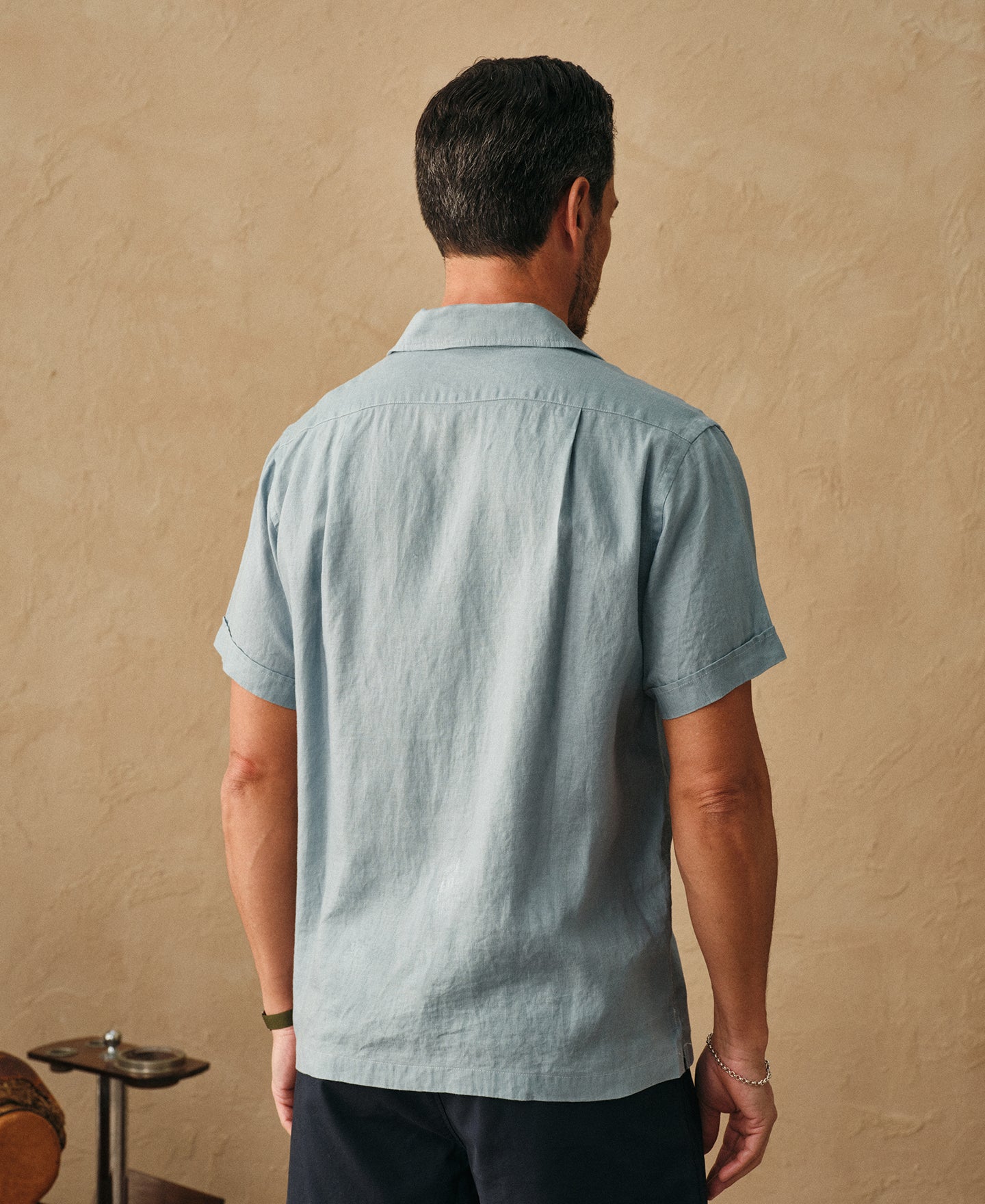 1950s Italian Collar Linen Short Sleeve Shirt - Light Blue