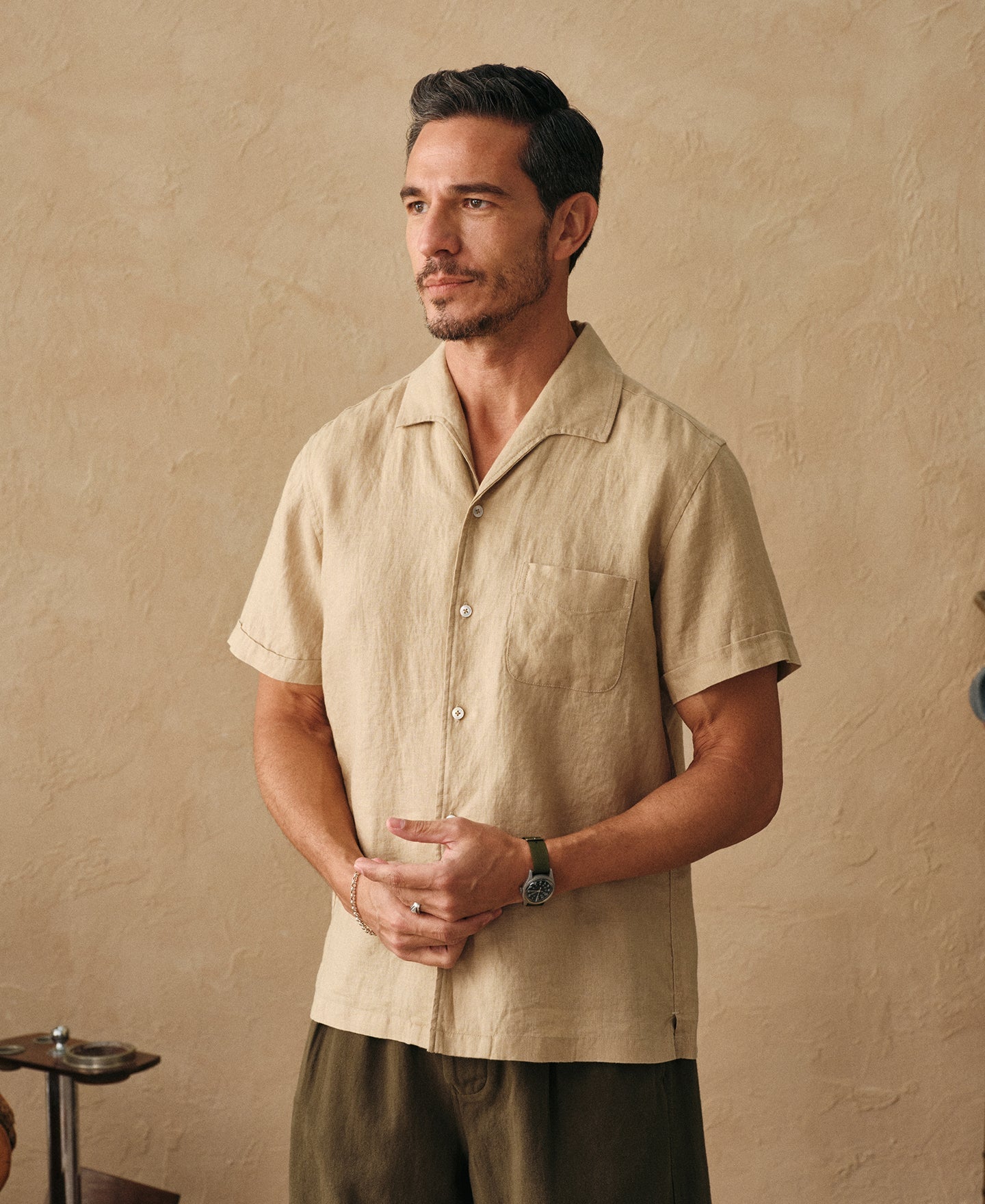 1950s Italian Collar Linen Short Sleeve Shirt - Light Coffee