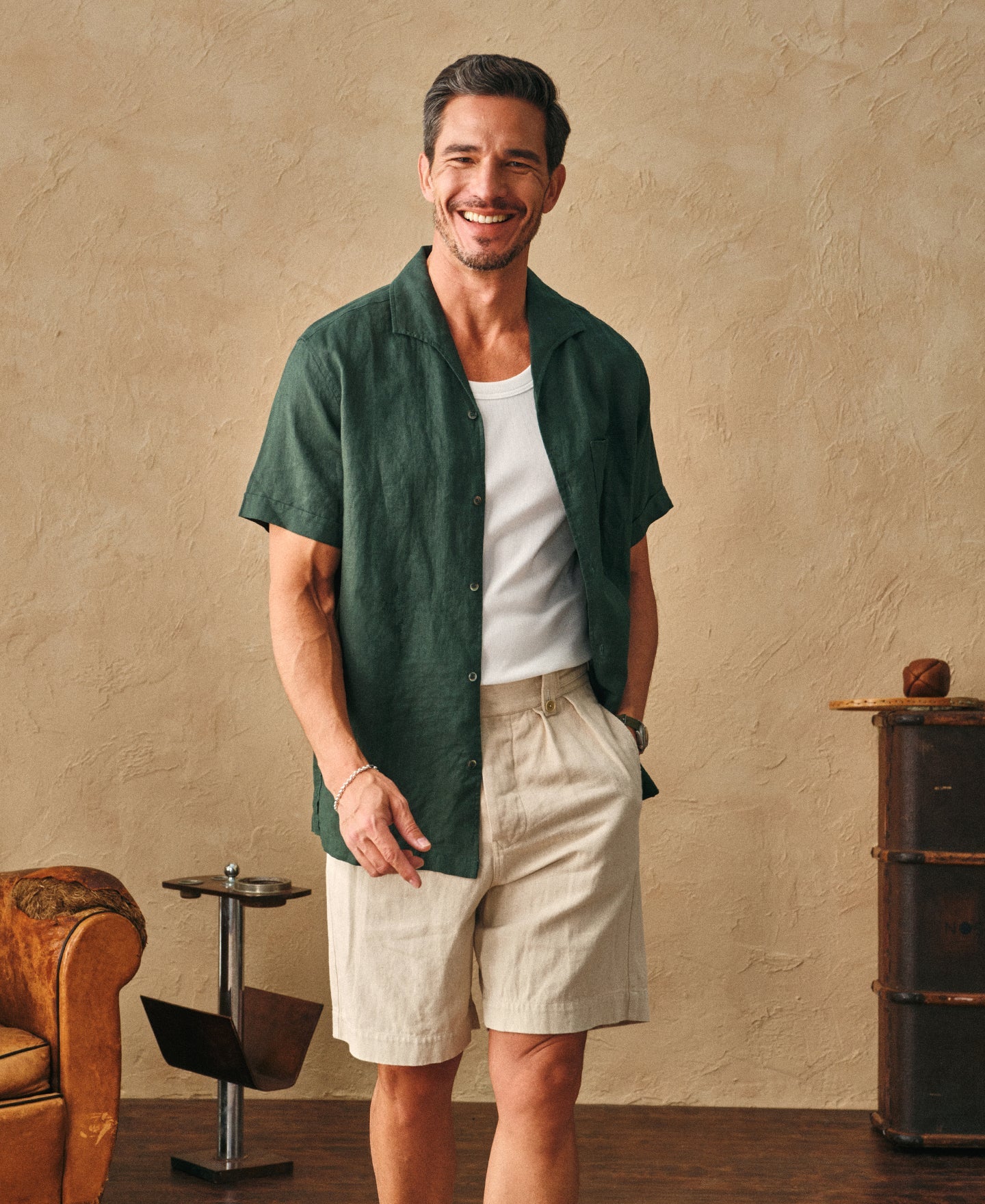 1950s Italian Collar Linen Short Sleeve Shirt - Dark Green
