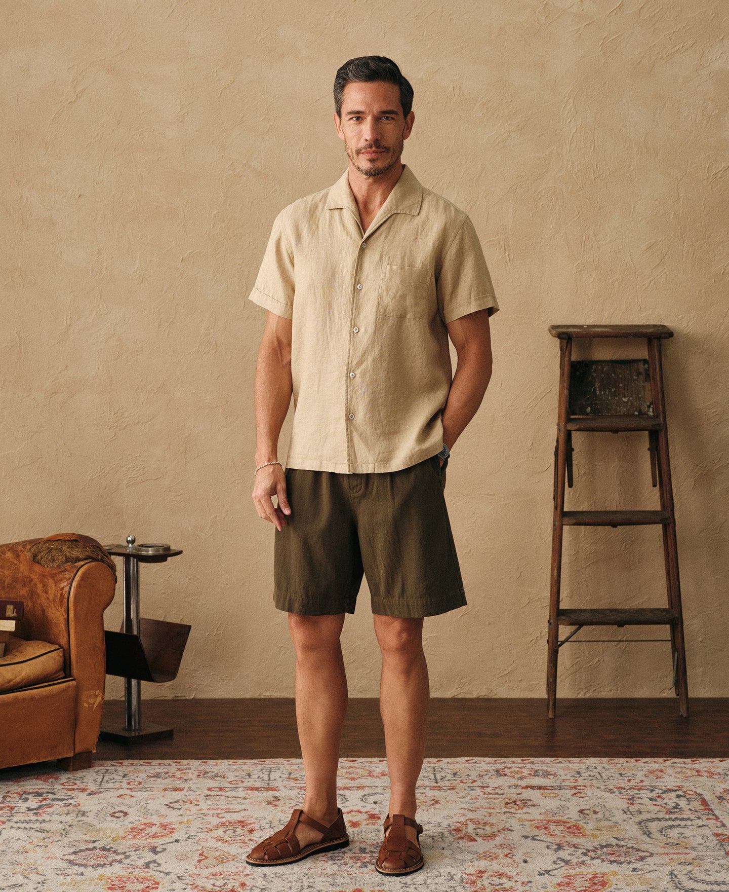 1950s Italian Collar Linen Short Sleeve Shirt - Light Coffee