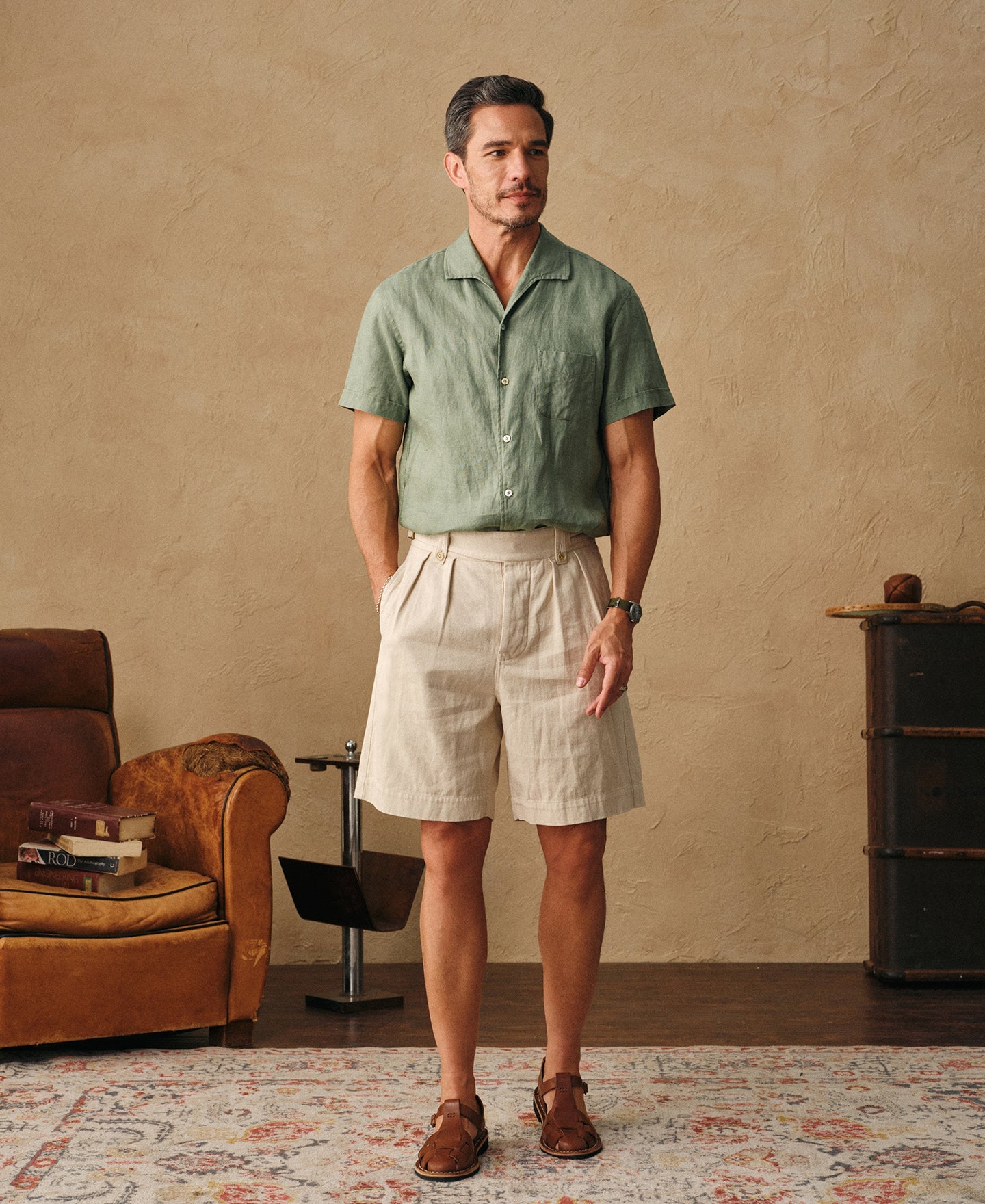 1950s Italian Collar Linen Short Sleeve Shirt - Sage