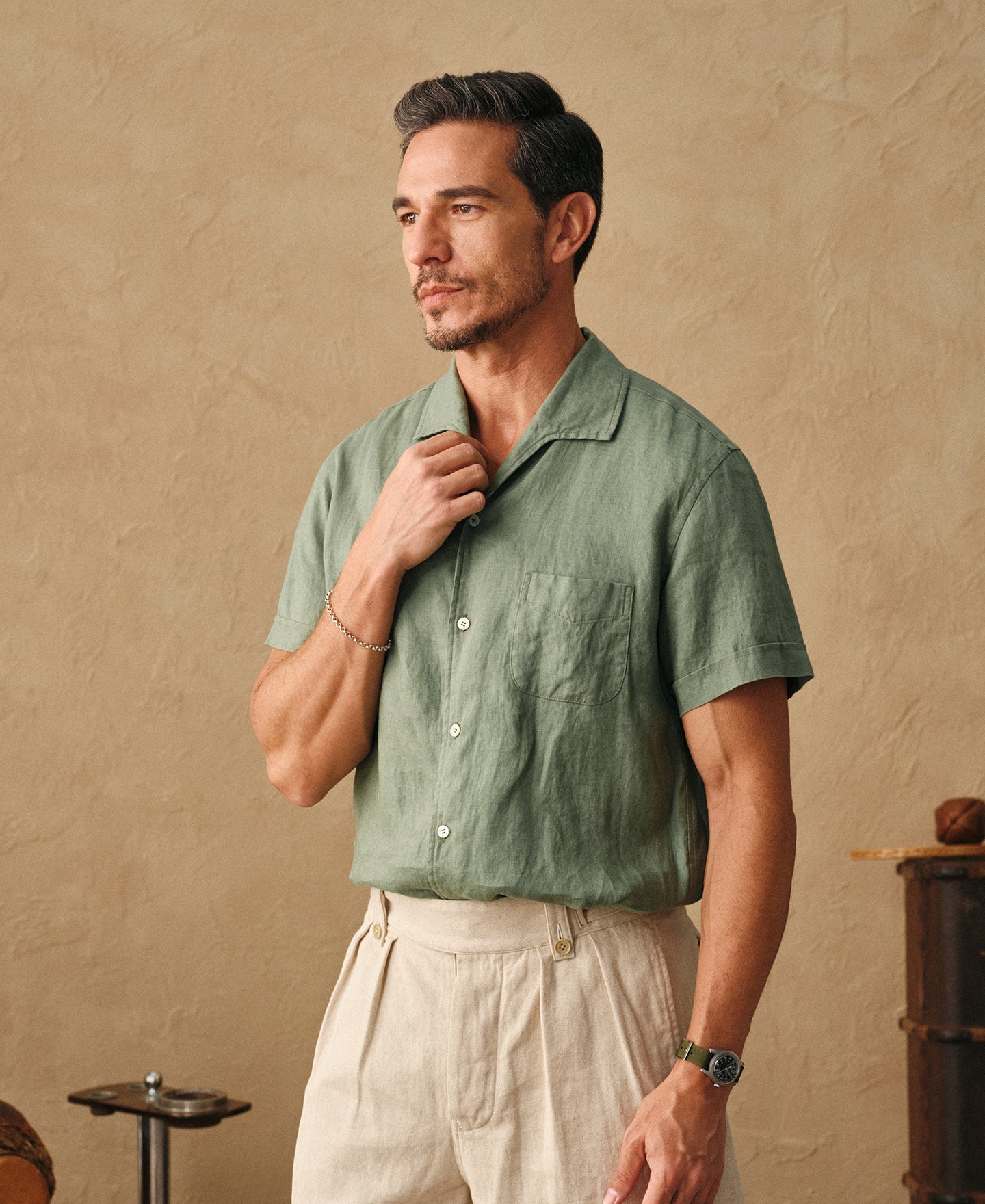 1950s Italian Collar Linen Short Sleeve Shirt - Sage