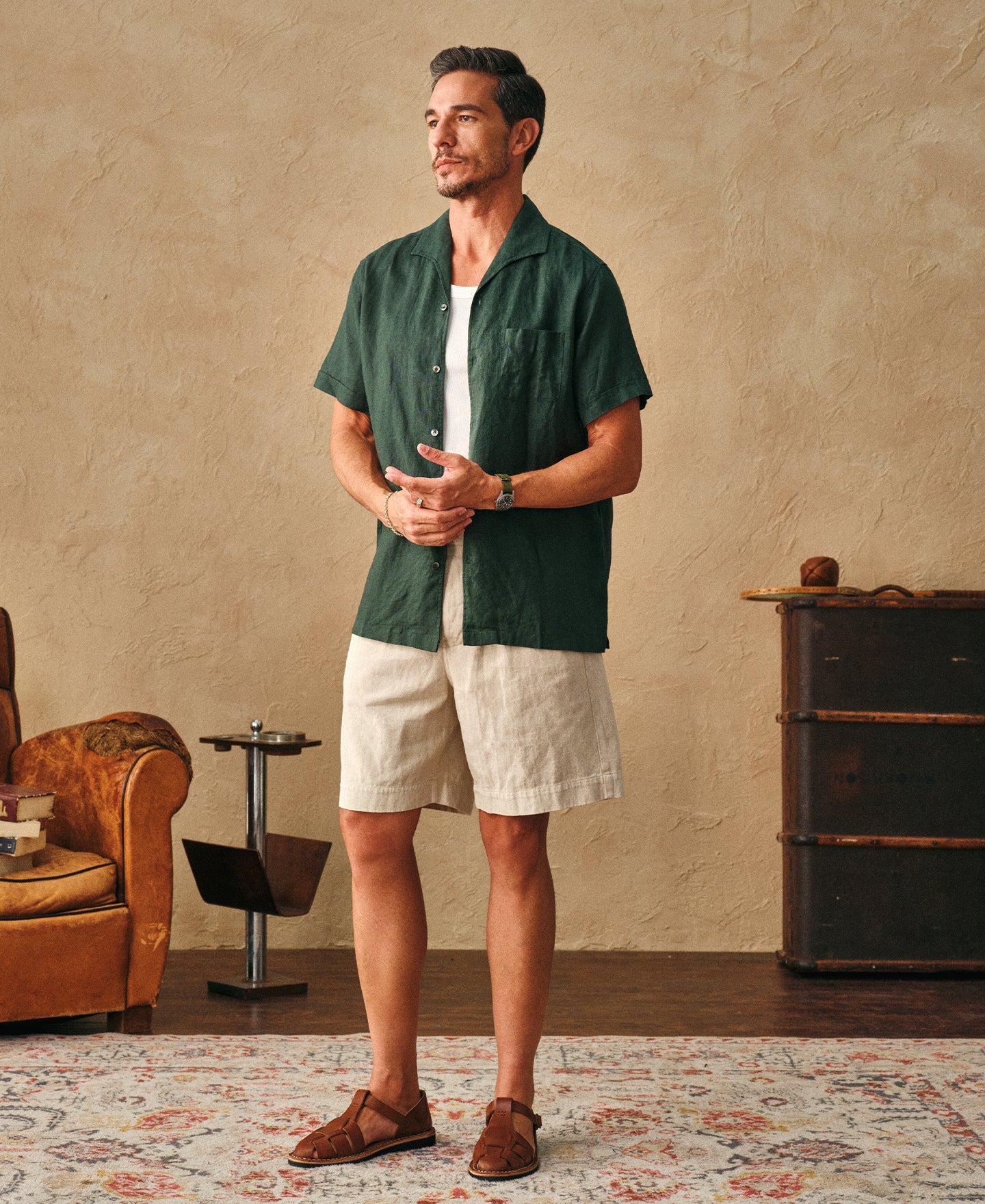 1950s Italian Collar Linen Short Sleeve Shirt - Dark Green