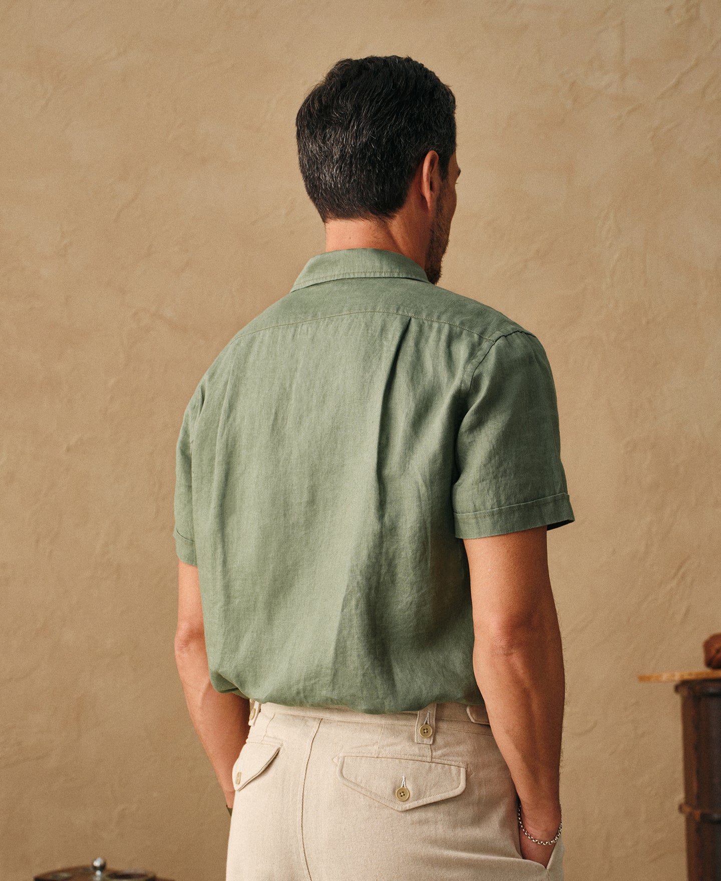 1950s Italian Collar Linen Short Sleeve Shirt - Sage