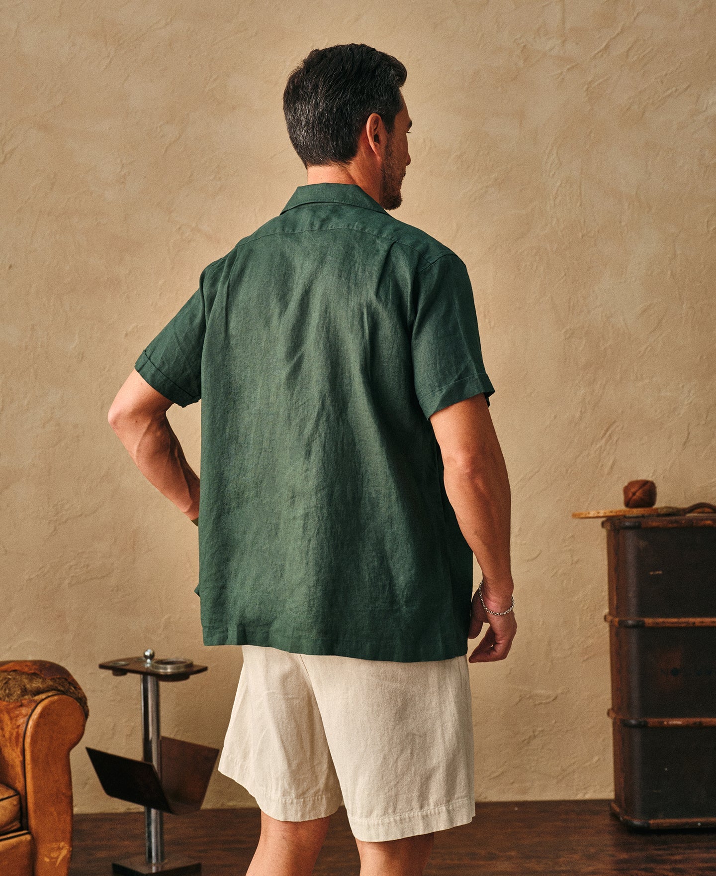 1950s Italian Collar Linen Short Sleeve Shirt - Dark Green