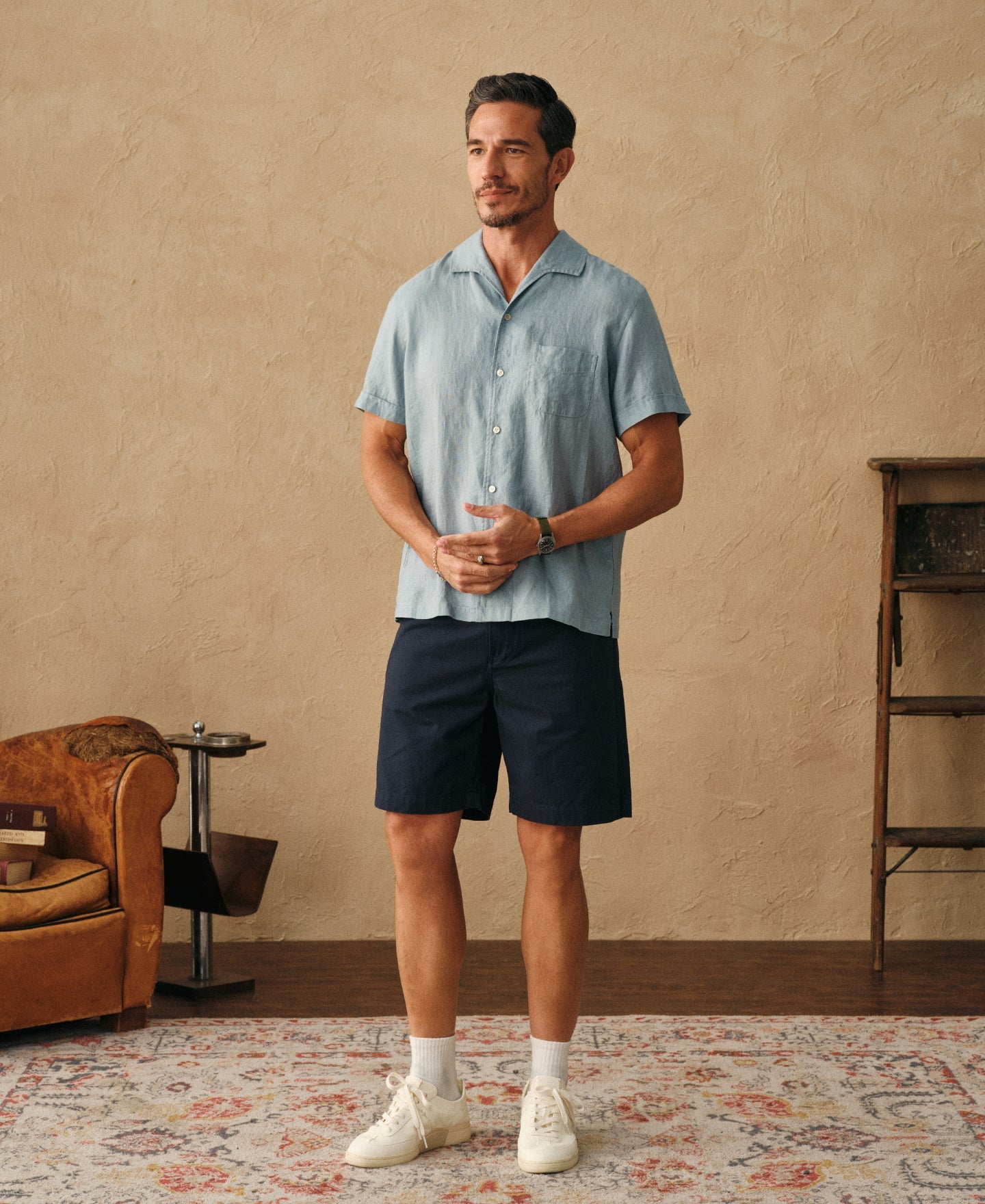 1950s Italian Collar Linen Short Sleeve Shirt - Light Blue