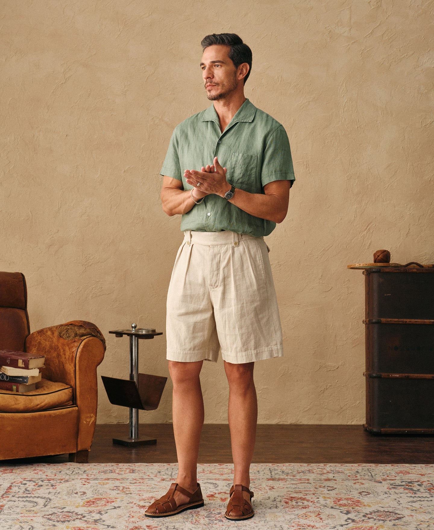 1950s Italian Collar Linen Short Sleeve Shirt - Sage