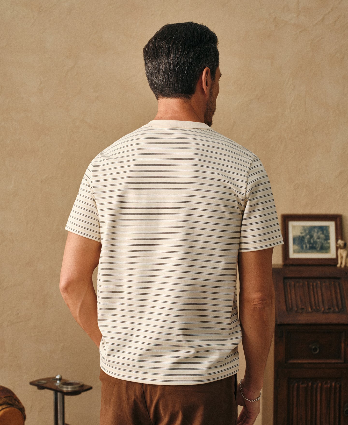 Heavyweight Cotton Striped Pocket T-Shirt - Apricot