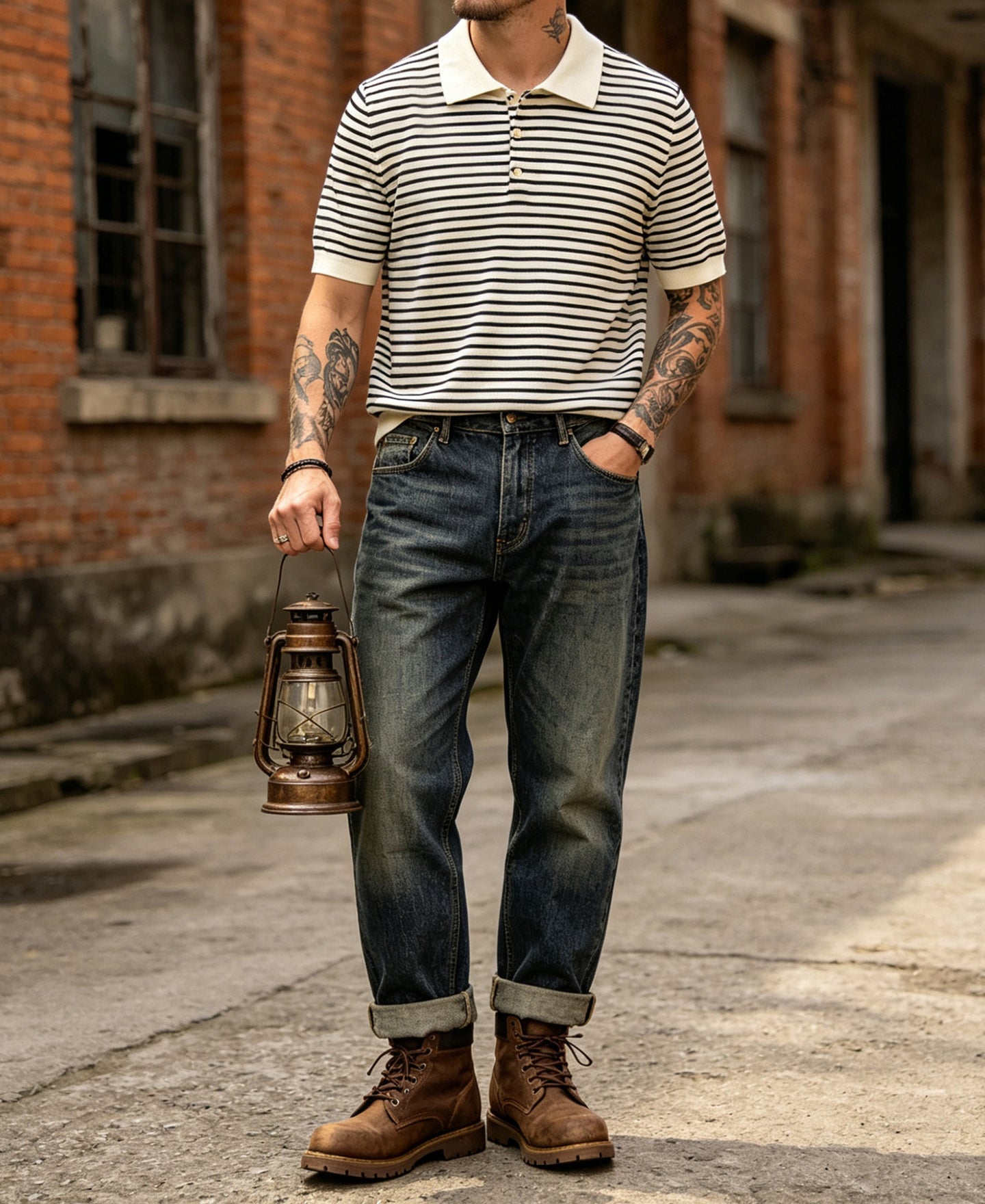 Nautical Fine Stripe Cotton Knit Polo - White Black Stripe