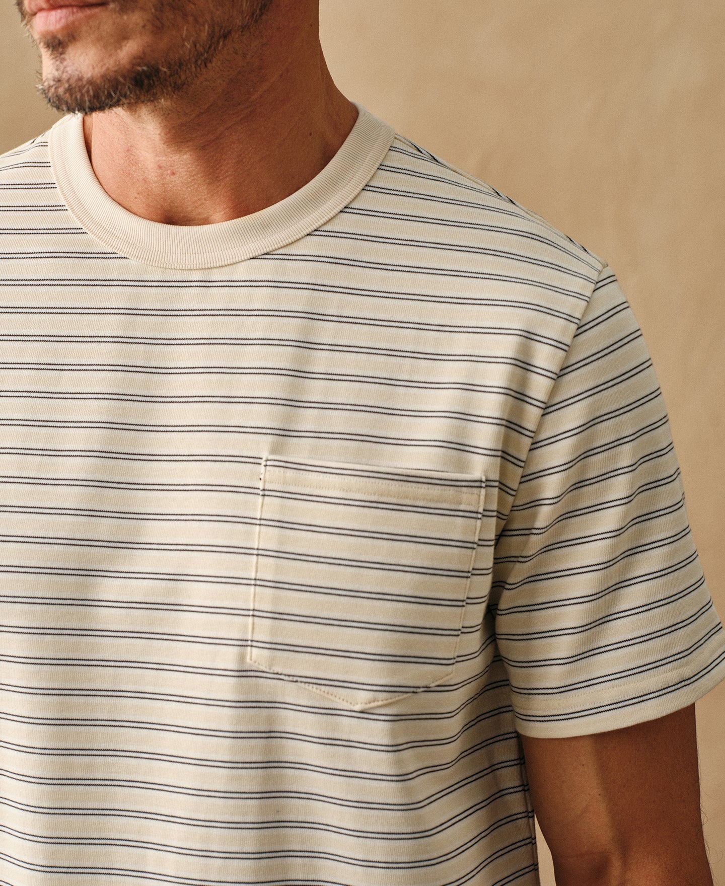 Heavyweight Cotton Striped Pocket T-Shirt - Apricot