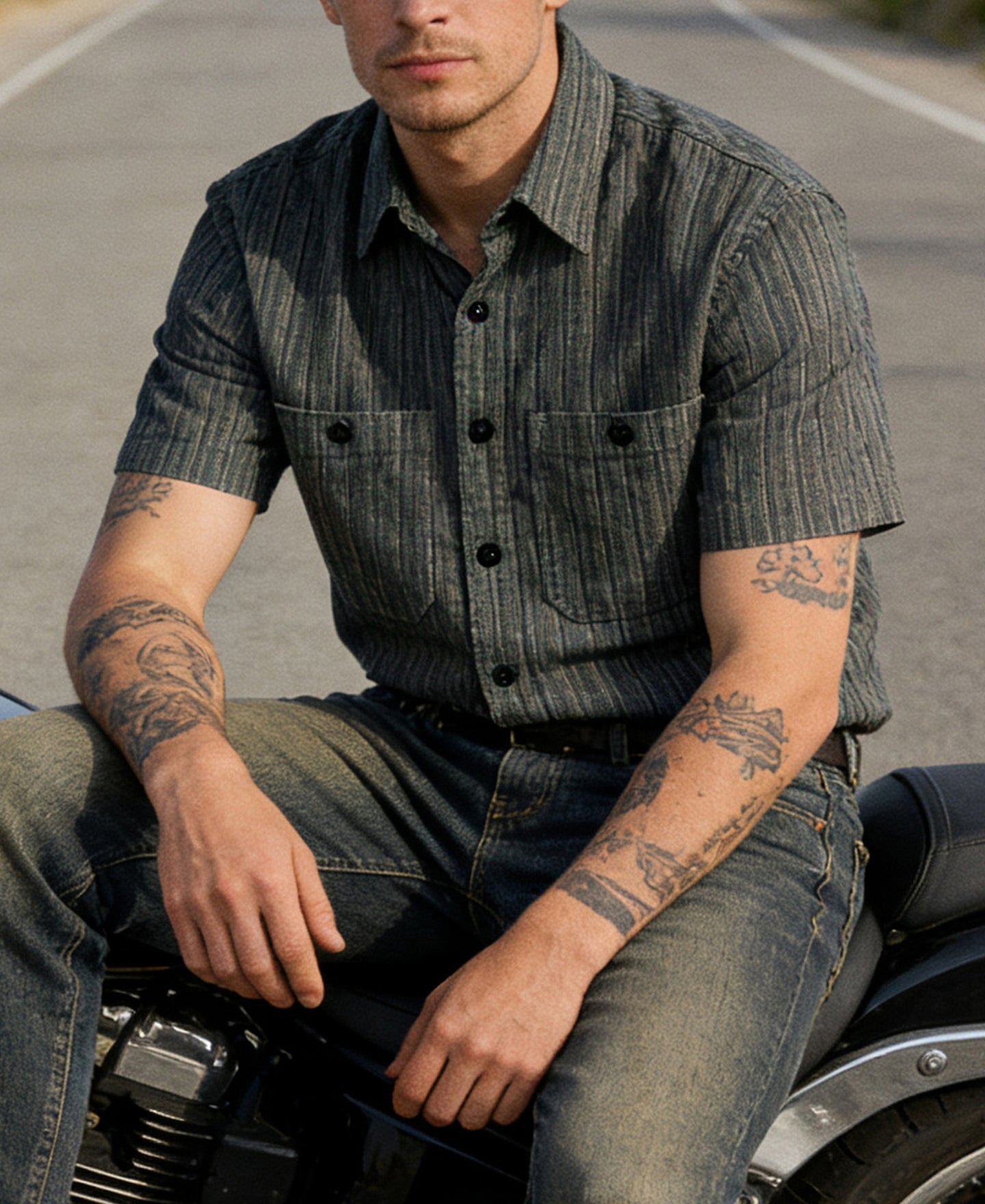 Textured Retro Stripe Cotton Blend Shirt