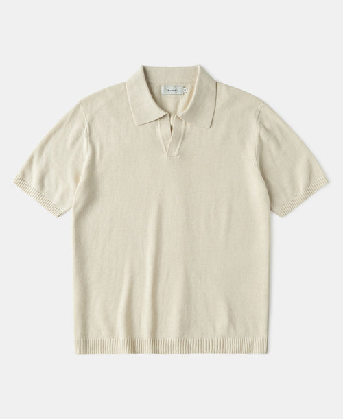 Linen Cotton Blend Knit Johnny Collar Polo - Apricot