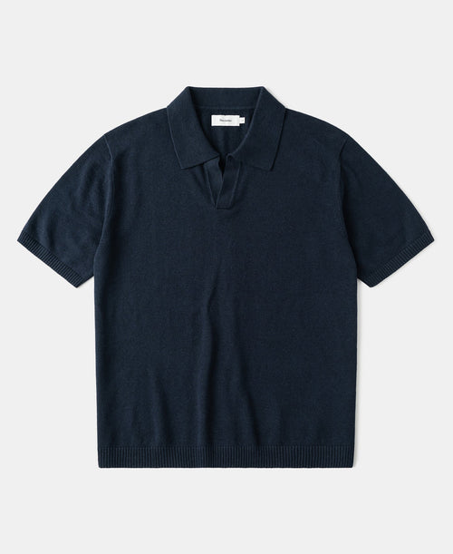 Linen Cotton Blend Knit Johnny Collar Polo - Indigo