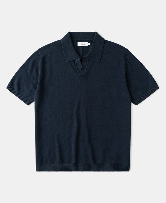 Linen Cotton Blend Knit Johnny Collar Polo - Indigo
