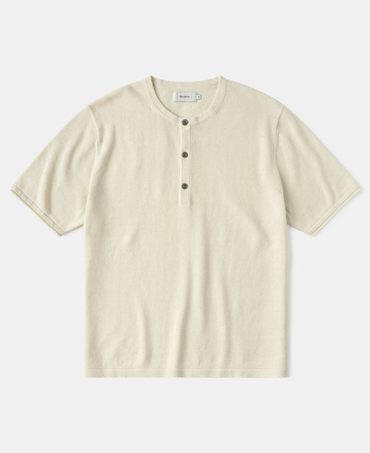 Linen Cotton Blend Knit Henley T-Shirt - Apricot