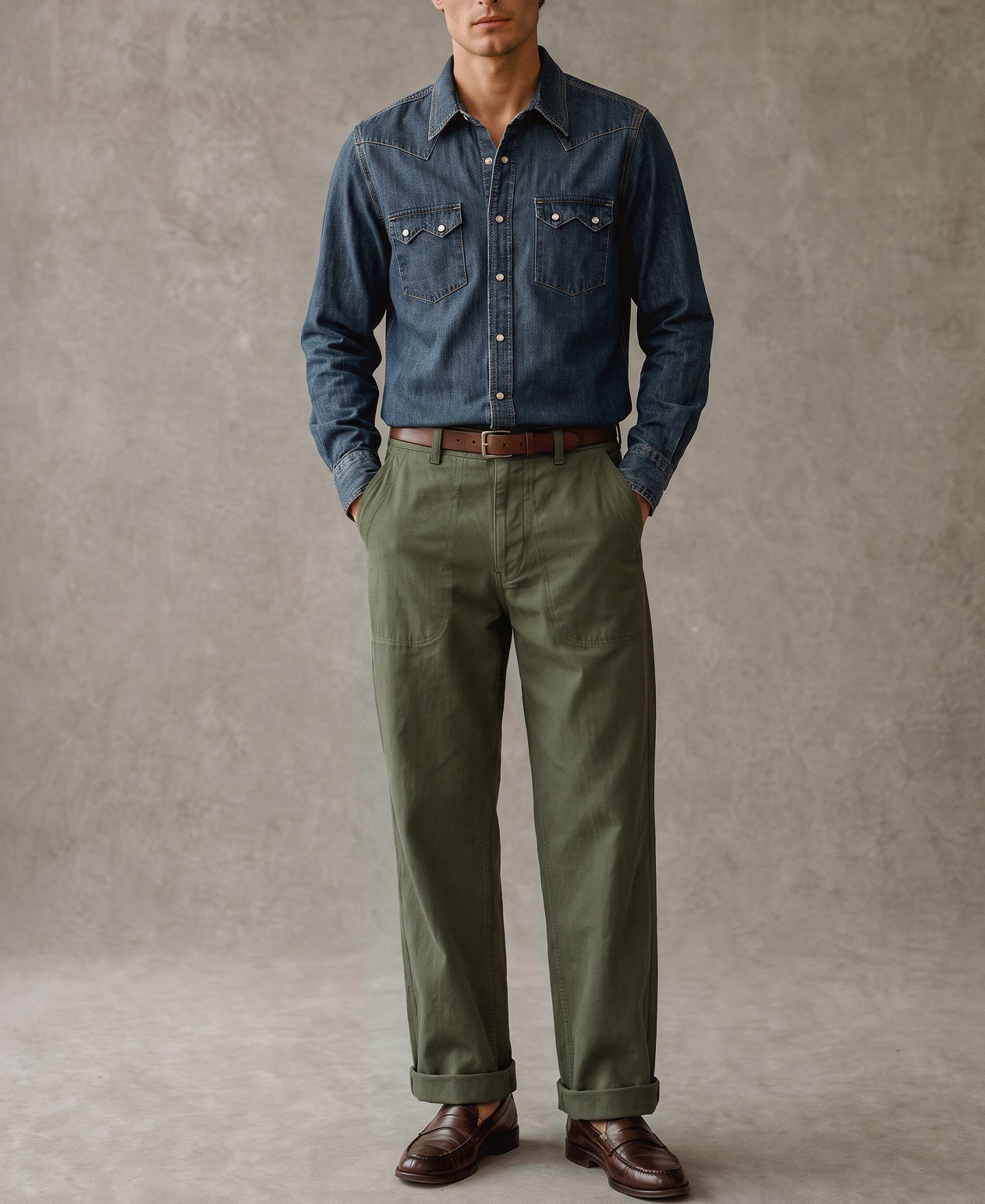 1940s USN-Inspired Herringbone Deck Trousers - Olive