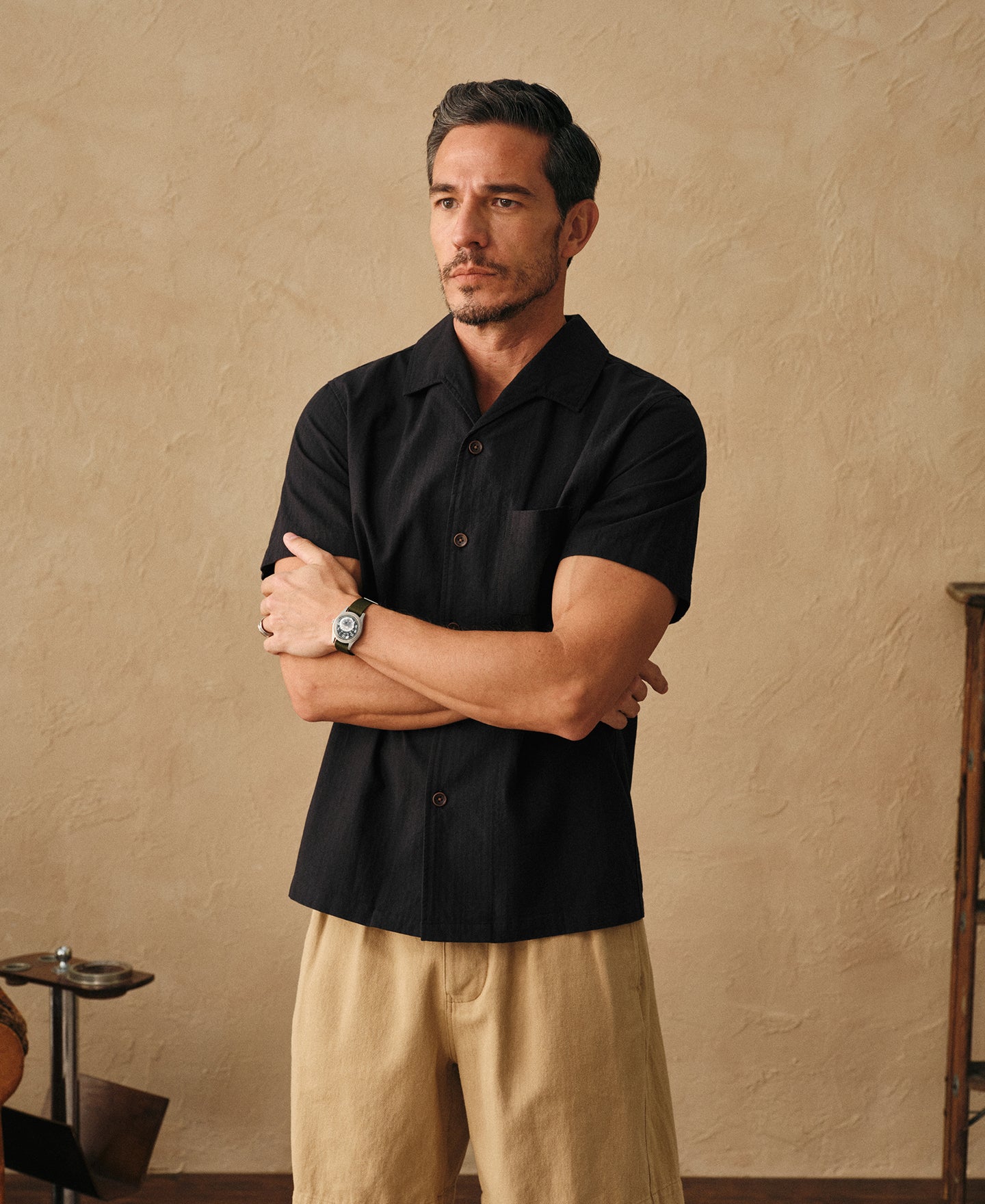 Italian Collar Salt-Shrunk Shirt - Black