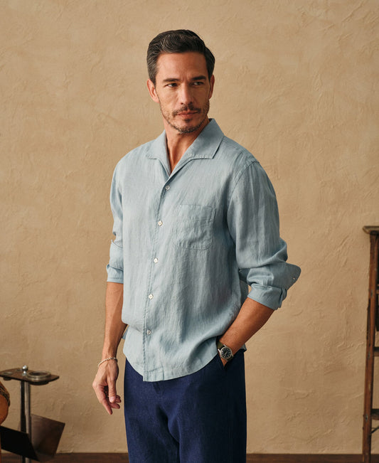 1950s Italian Collar Long Sleeve Linen Shirt - Light Blue
