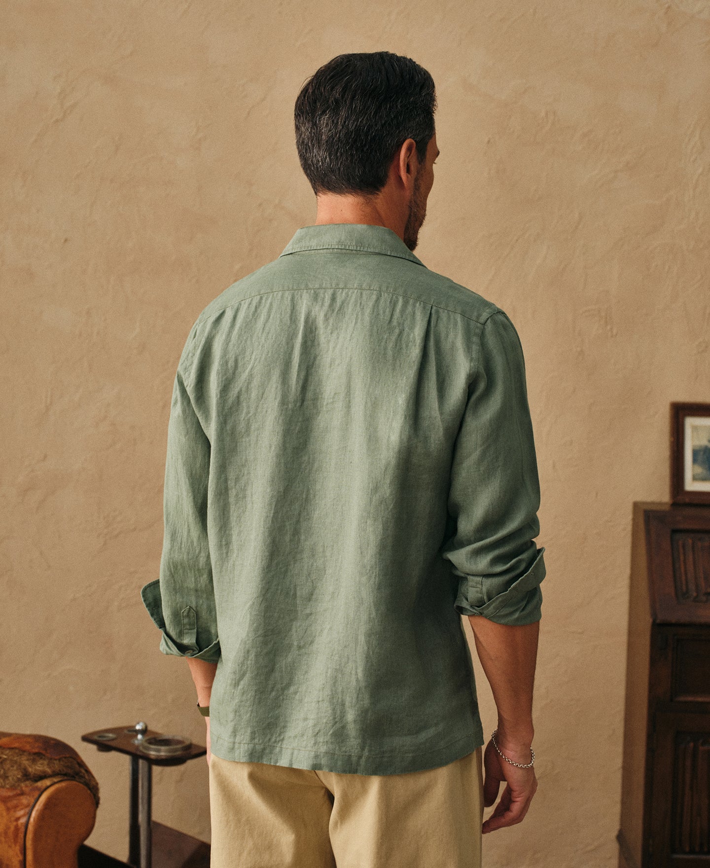 1950s Italian Collar Long Sleeve Linen Shirt - Sage