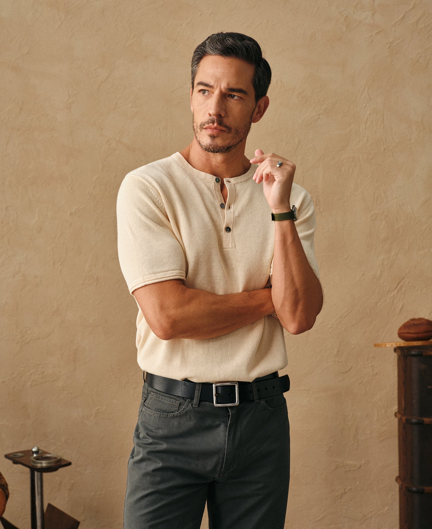Linen Cotton Blend Knit Henley T-Shirt - Apricot