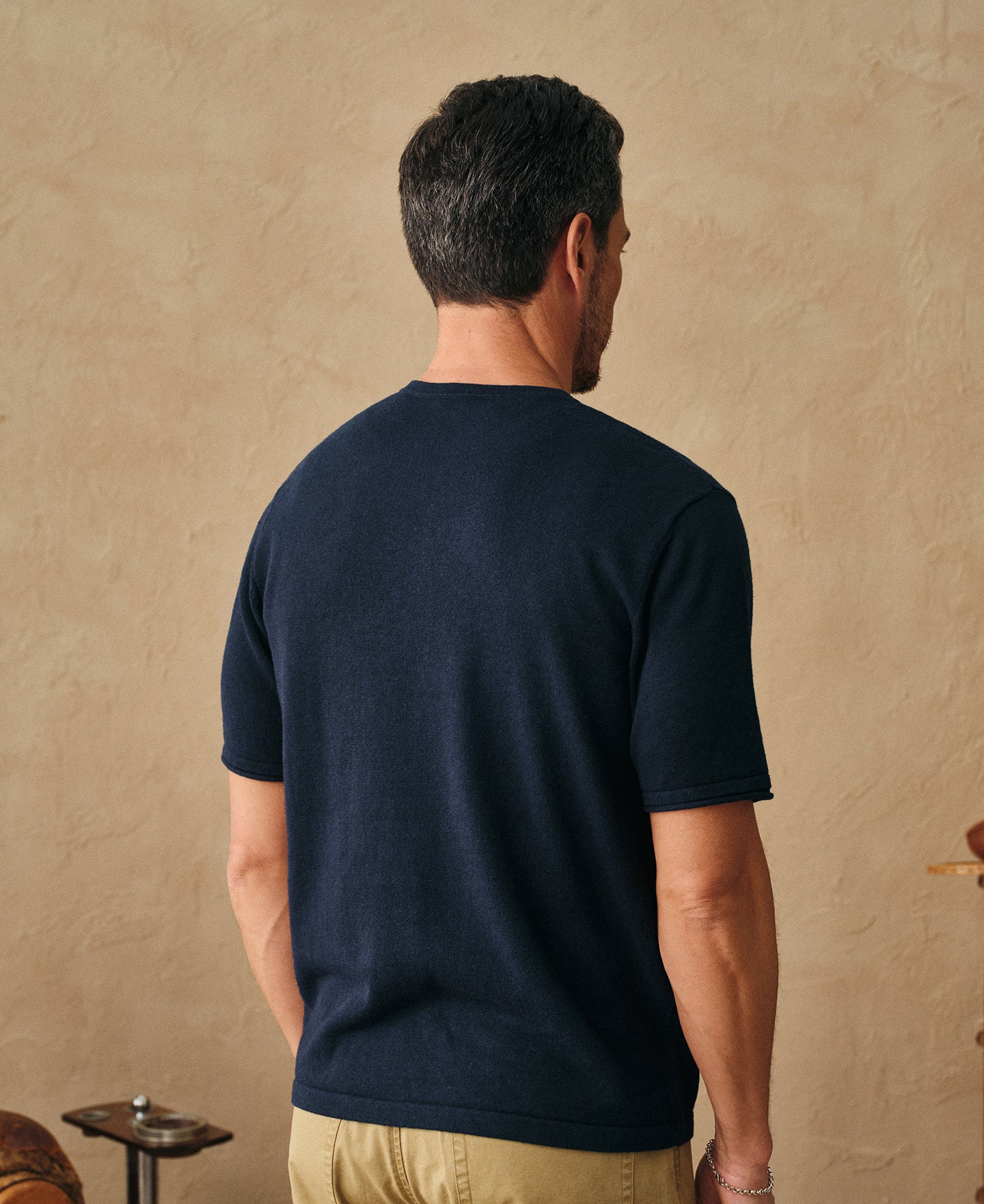 Linen Cotton Blend Knit Henley T-Shirt - Indigo